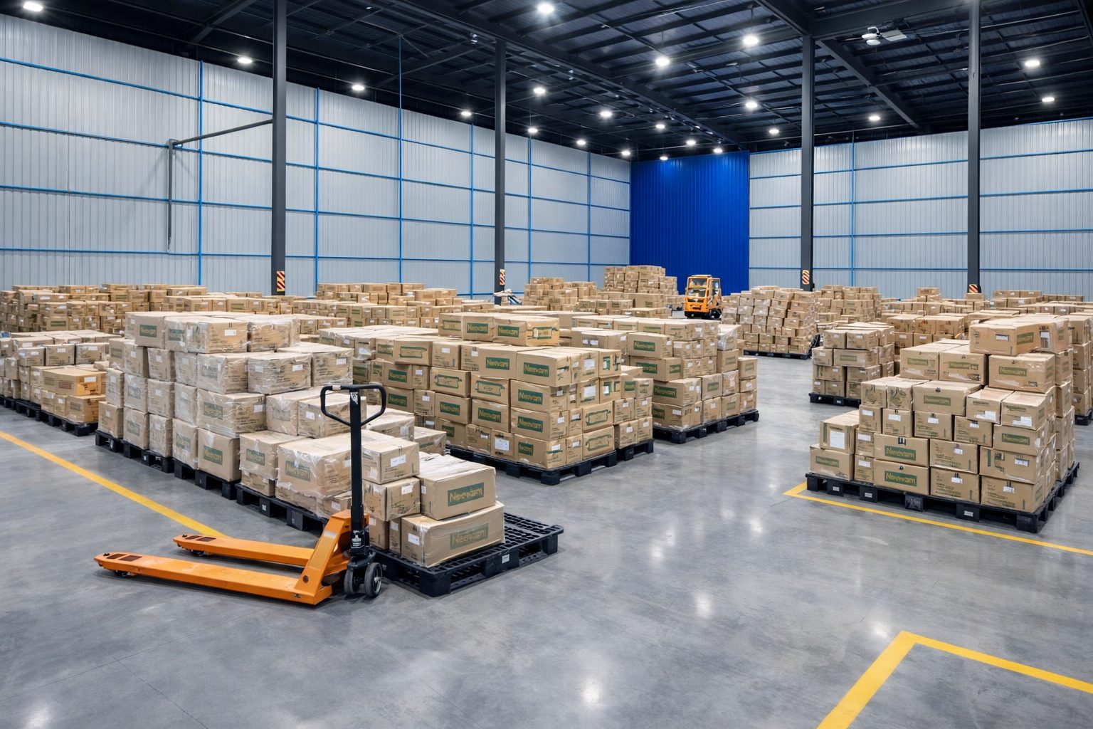 PND Healthcare distribution warehouse — palletised stock at the Dankuni mother depot